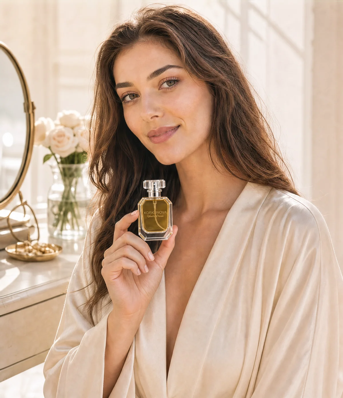 A smiling woman with long dark hair, in a cream satin robe, holds a bottle of Vanilla Dream near her collarbone beside a vanity with a gold mirror and white roses