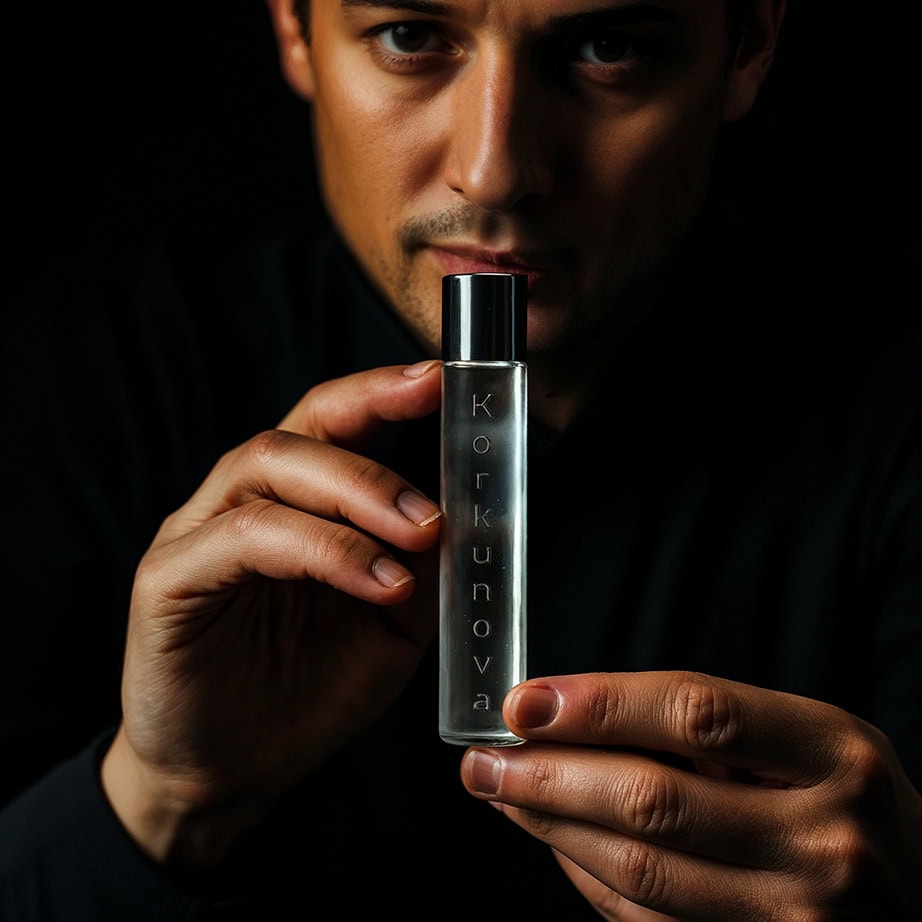 a handsome and refined man holding a bottle of Korkunova pheromone cologne for men